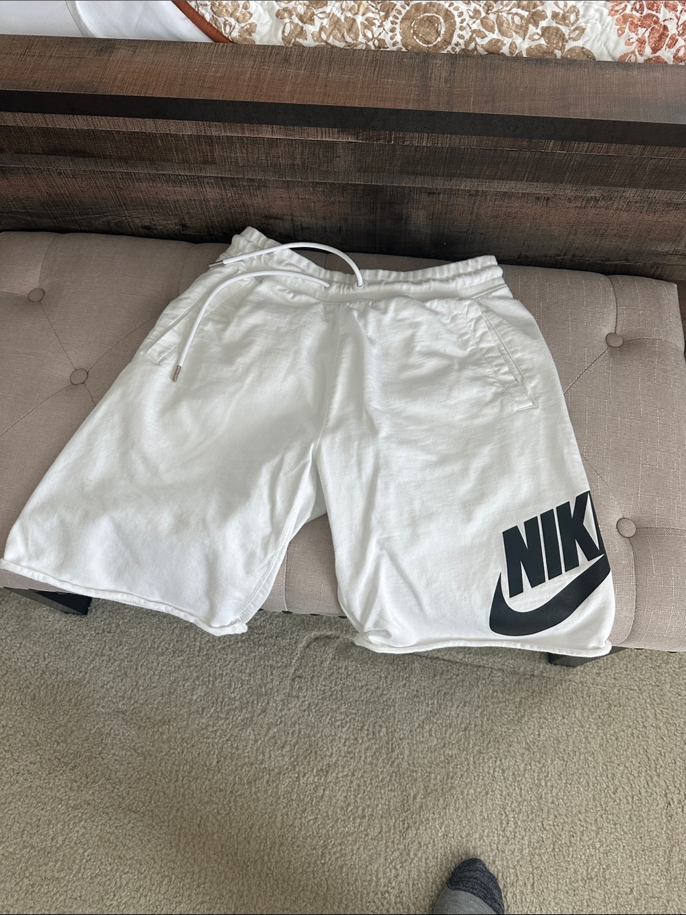 Nike White Athletic Fleece Shorts with Black Logo